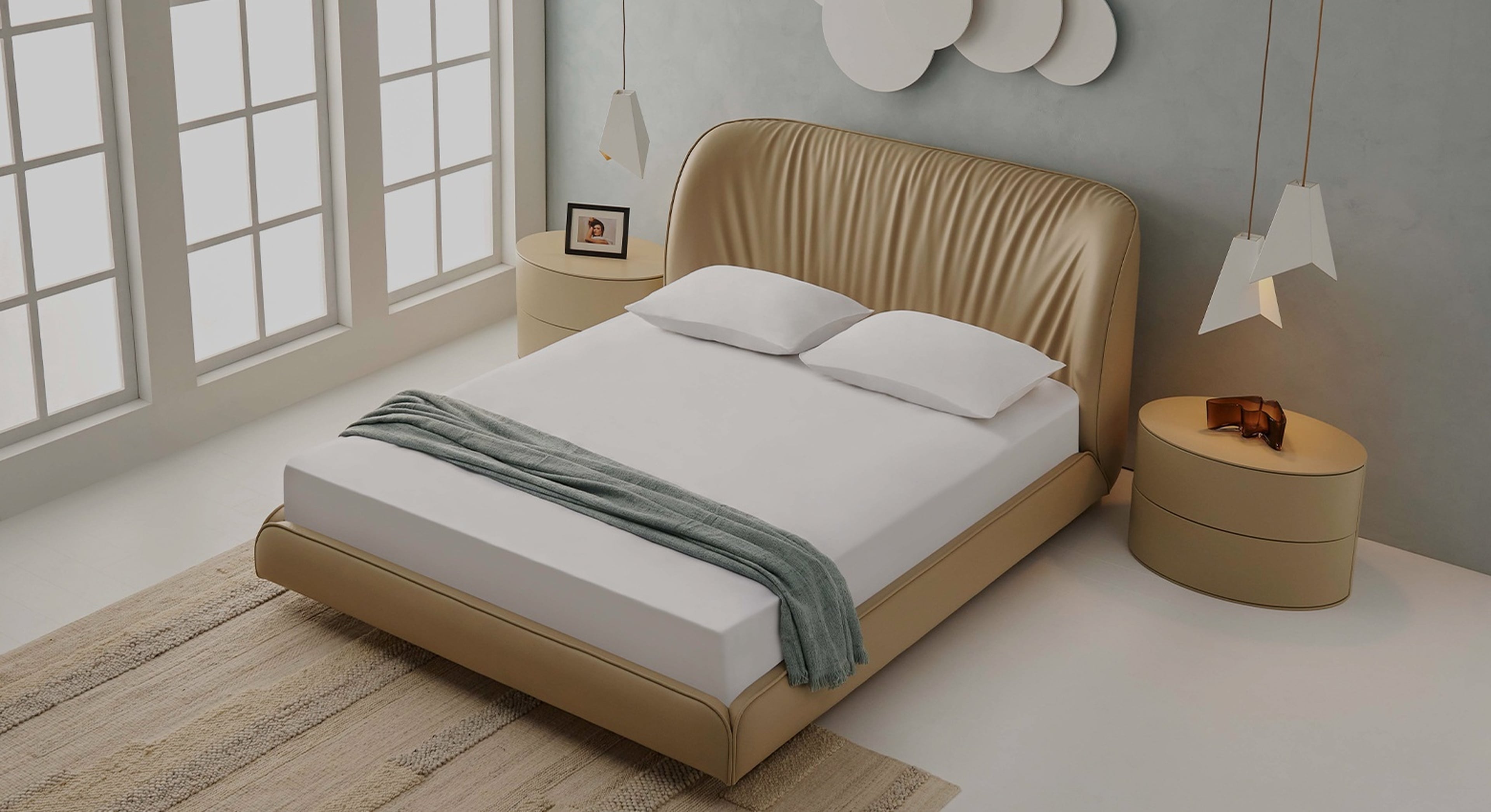 Photo showing the futuristic designer bed Atoro in a cosy room