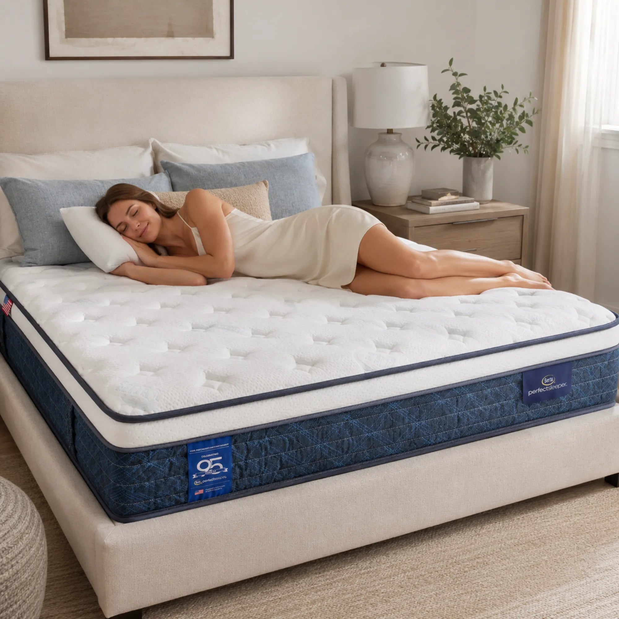 Жена лежи комфортно върху хибриден матрак Serta Sedona Breeze в модерна спалня