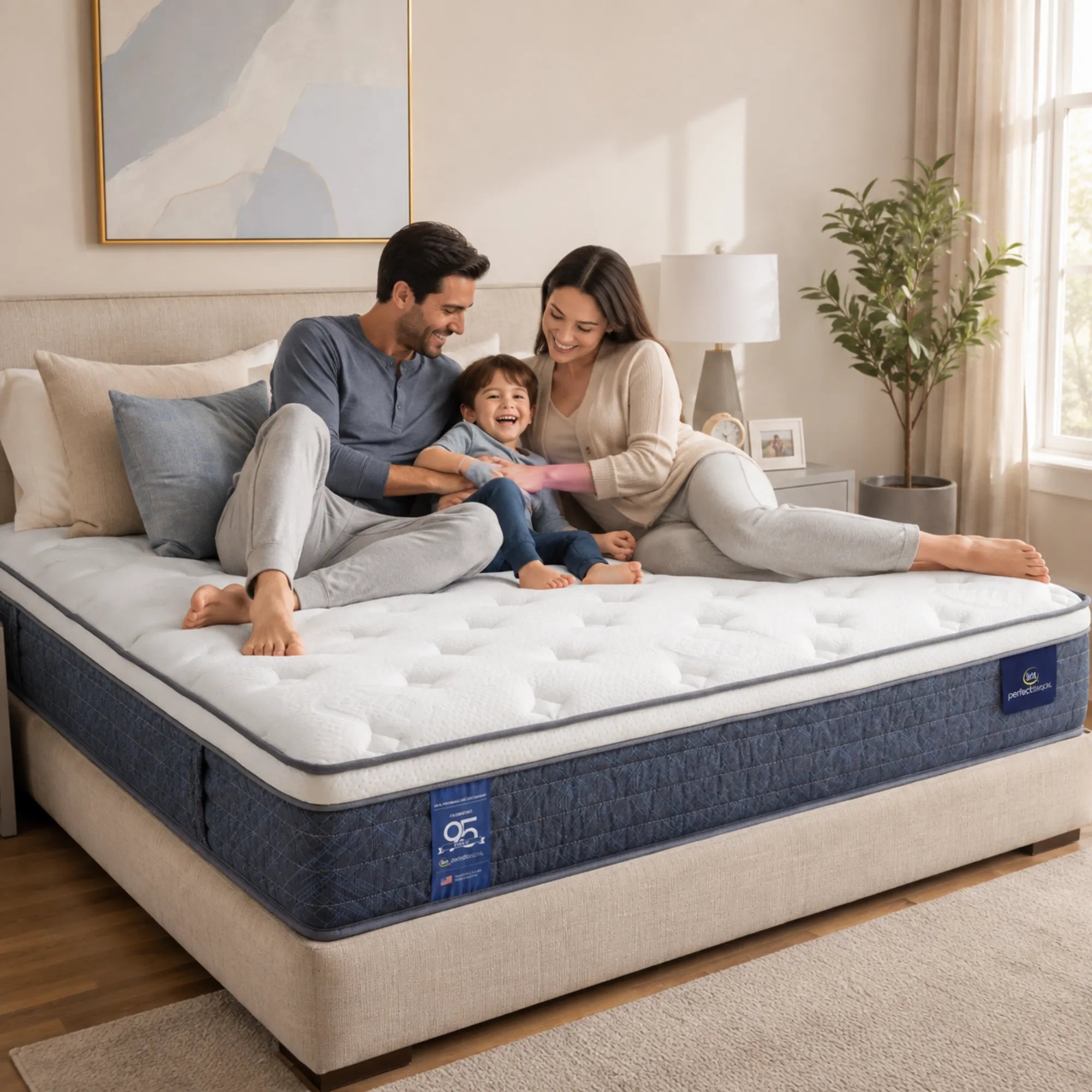 Щастливо семейство върху матрак Serta Sedona Breeze в светла модерна спалня